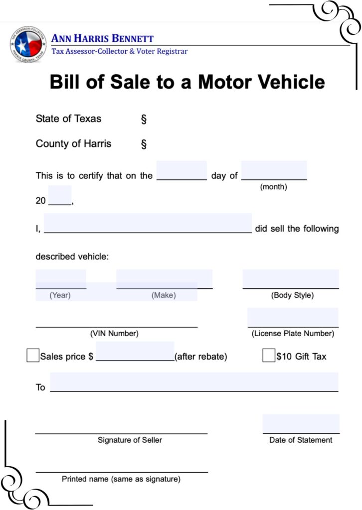 Blank Vehicle Bill of Sale Texas​