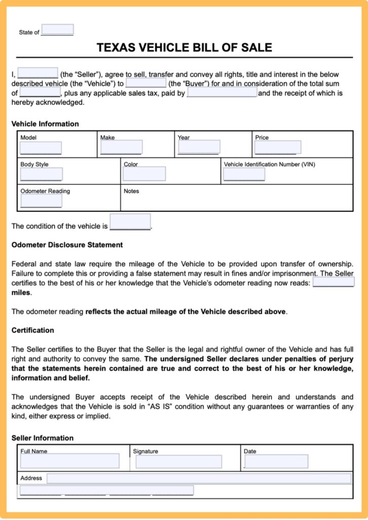 Texas Bill of Sale for Vehicle Form​