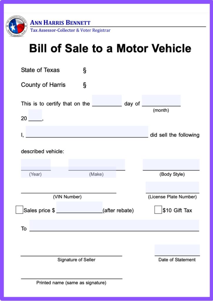 Texas DMV Vehicle Bill of Sale Form​