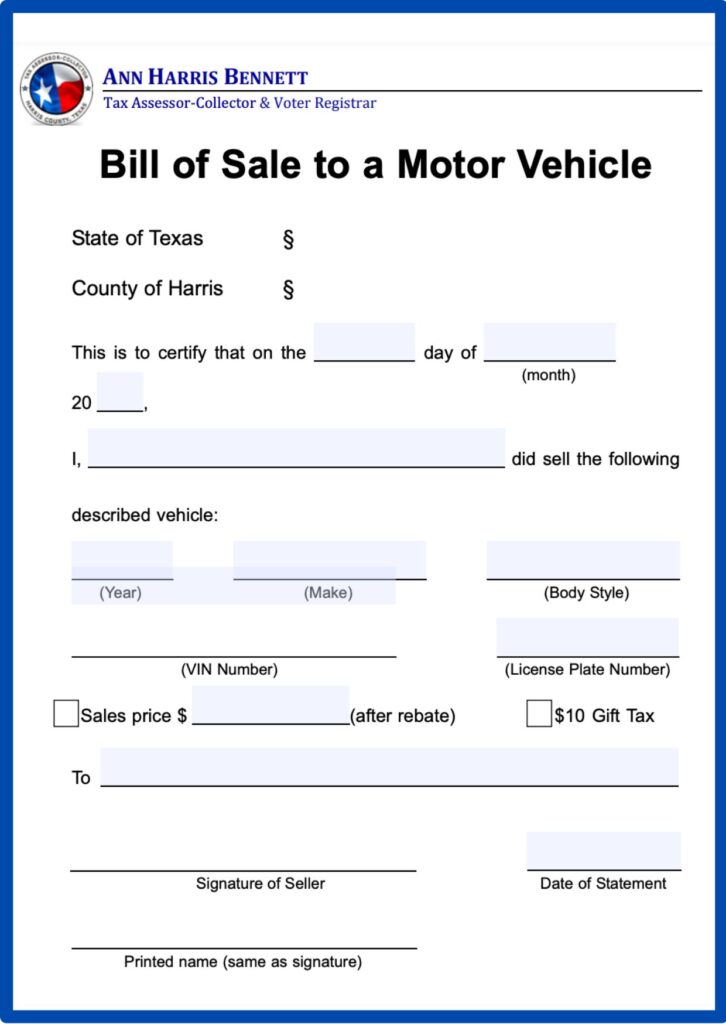 Texas Department of Motor Vehicles Bill of Sale​