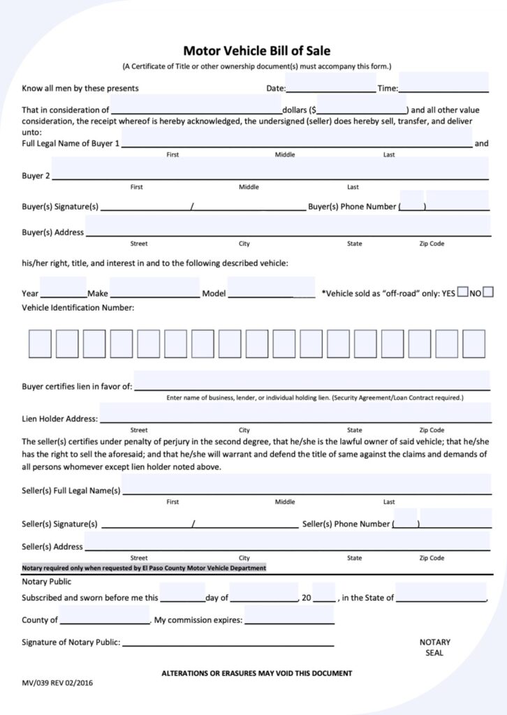 Texas Motor Vehicle Bill of Sale​
