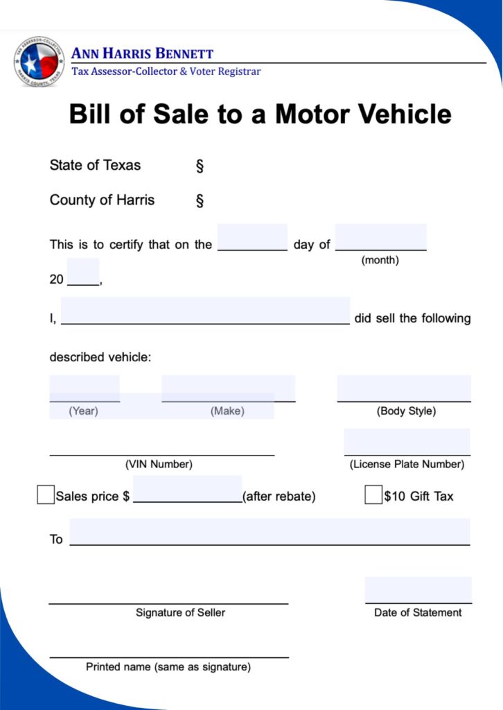 Texas Vehicle Bill of Sale Word Doc​