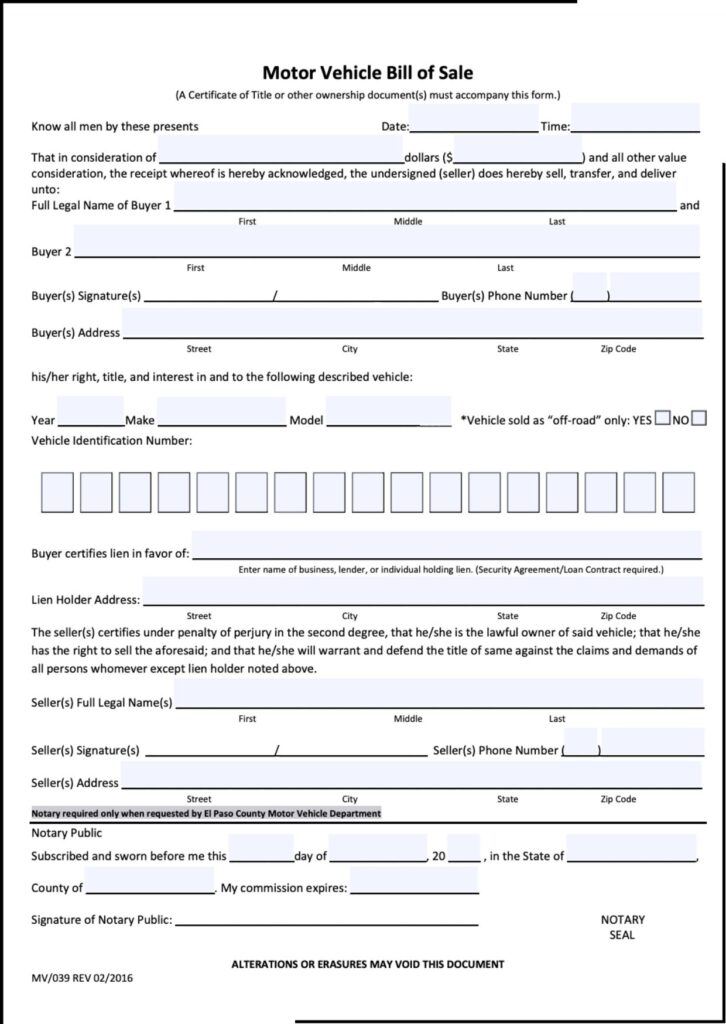 Used Car Bill of Sale Texas​