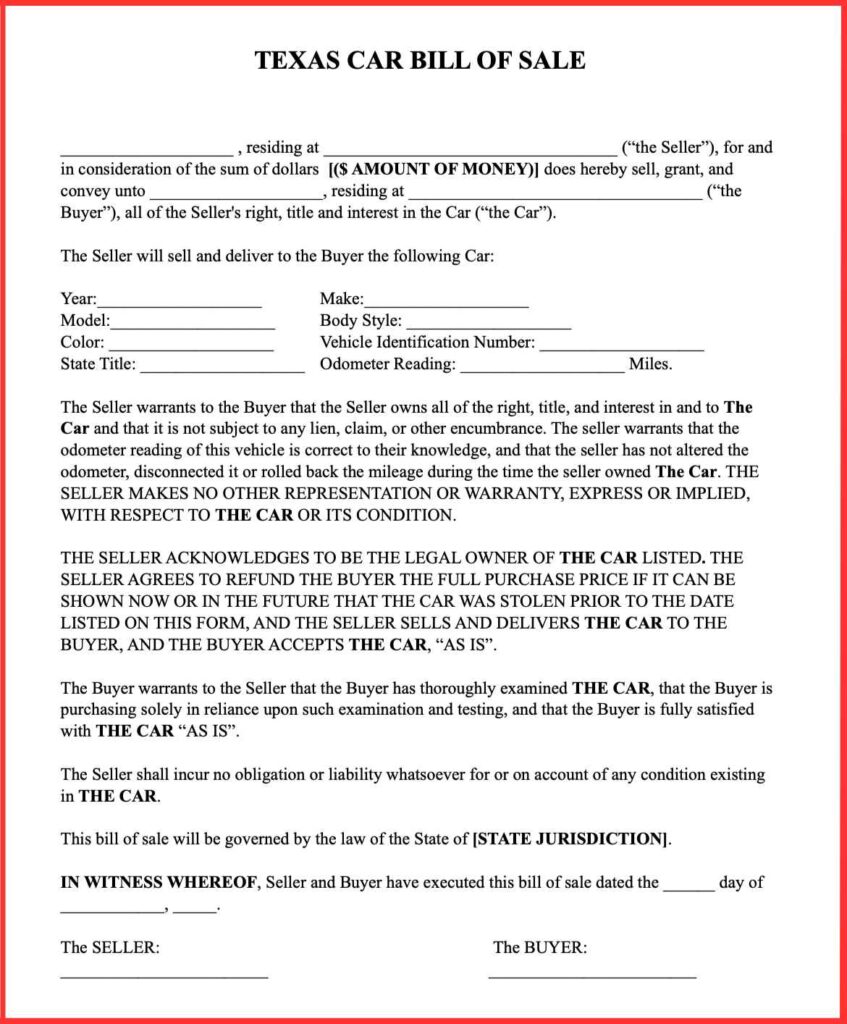 Texas Car Bill Of Sale PDF